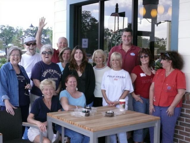 FIRST TOTV MEETING AT STARBUCKS RW BD 2007
This was the very first mtg of TOTVers and thereafter the monthly meetings @ Crispers commenced.

Left to right Barb1191, Her huband Bill WSG1006, Kathie1 (lacrosse shirt) , AmityK (seated in black shirt) Me (Talk Host in back row waving), Mom25 (in front of me in light blue) Redwitch (seated in blue), Jessica (redwitch's daugter behind her in black), B.J. (islandgal) (in white with black trim on collar), Donna (wearing Polo Sport), Her husband John behind her, Barefoot at last (looking like a high fashion model) and Nonie on the right.