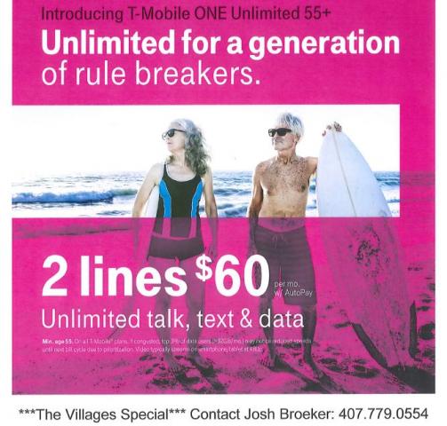 ***The Villages Special***
2 lines $60 including tax
Unlimited Everything!