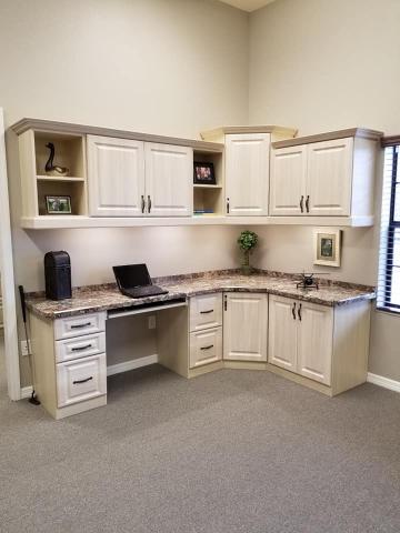 Beautiful Desk with Corner Storage Uppers and Lowers Crown molding 2 tone.