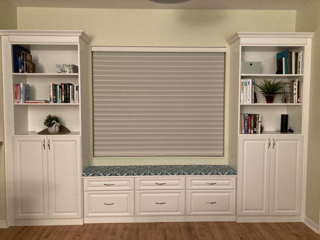Beautiful White Window Bench with 2 Tall cabinets for displaying treasures