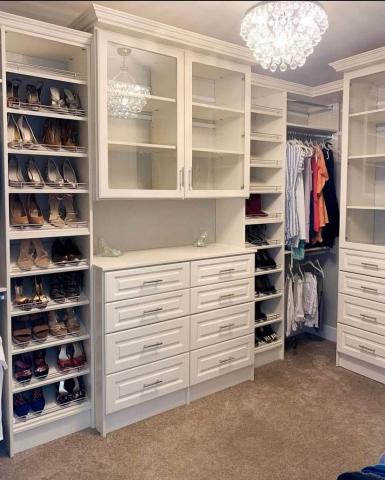 Custom Closet /Drawers Shoes Shelves and  2 side by side Hutches with Drawers on the bottom and doors on the top with Glass insets