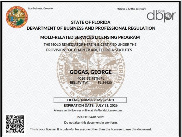 State Of Florida Mold Remediation License