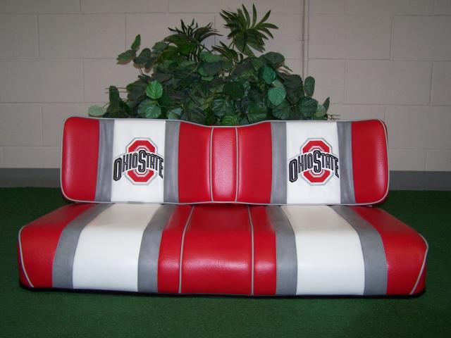 Red short wingback with 2" gray, 6" white with gray trim and Ohio State embroidery