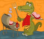 52134211 vector illustration of a cartoon alligator with barbecue and a delicious steak